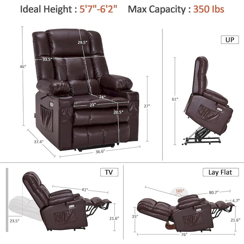 Fauteuil inclinable releveur avec double moteur, massage, chaleur, simili cuir noir