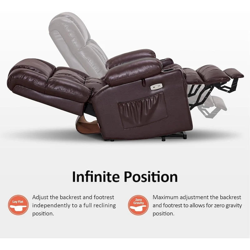 Fauteuil inclinable releveur avec double moteur, massage, chaleur, simili cuir noir
