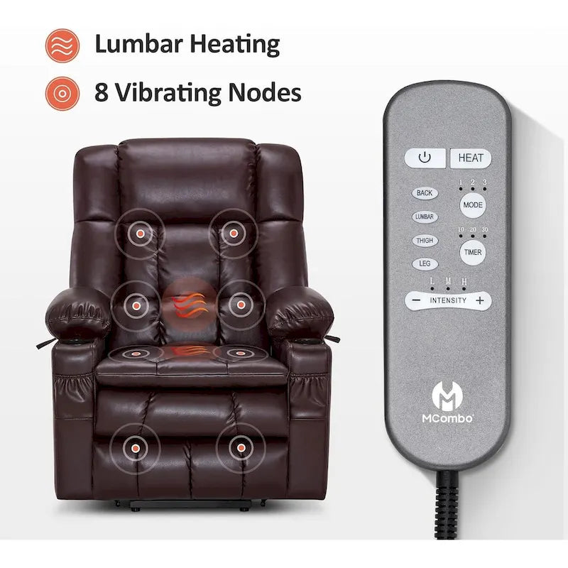 Fauteuil inclinable releveur avec double moteur, massage, chaleur, simili cuir noir