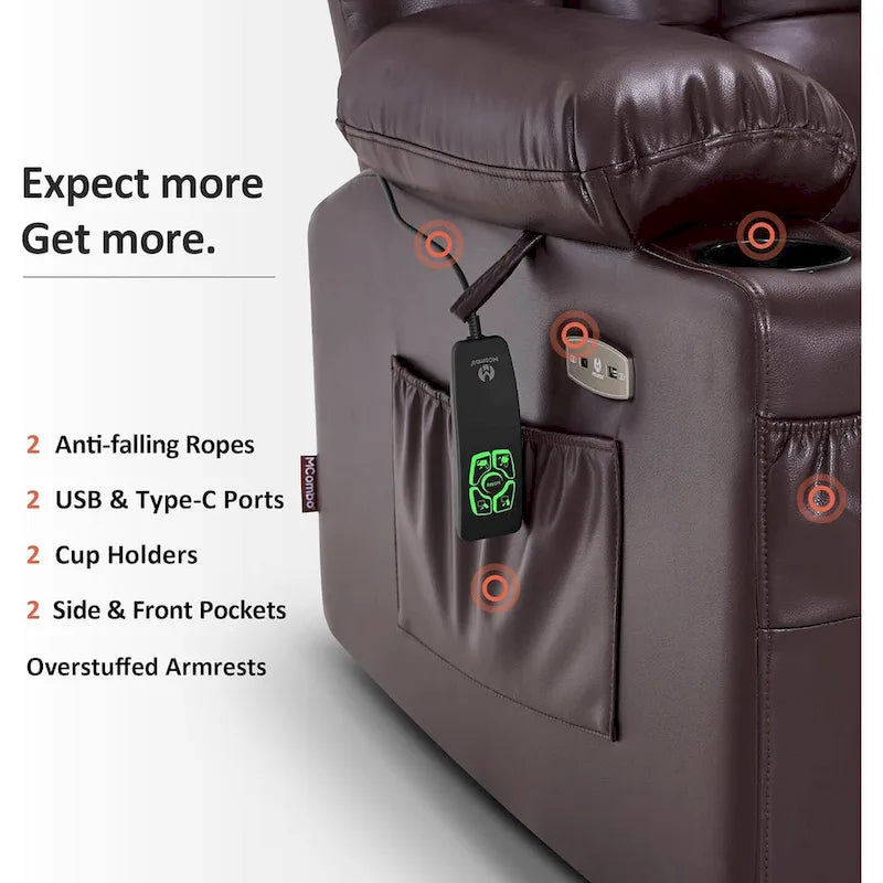 Fauteuil inclinable releveur avec double moteur, massage, chaleur, simili cuir noir