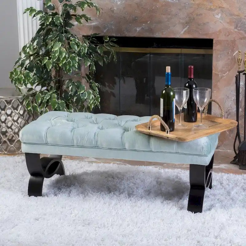Button Tufted Velvet Accent Bench with Curved Wood Legs, Seafoam & Grey