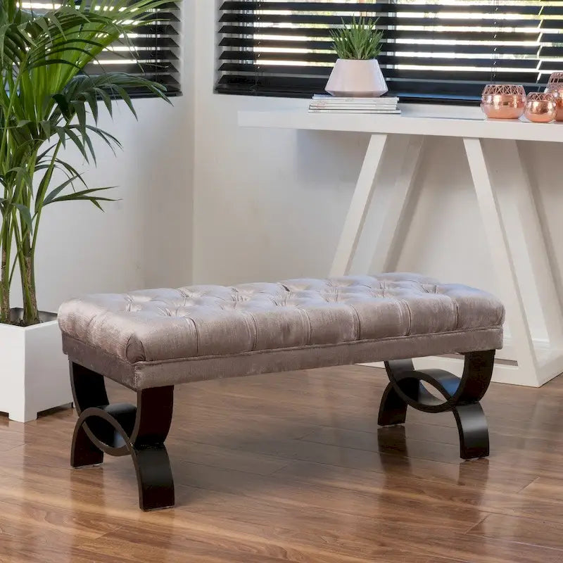 Button Tufted Velvet Accent Bench with Curved Wood Legs, Seafoam & Grey