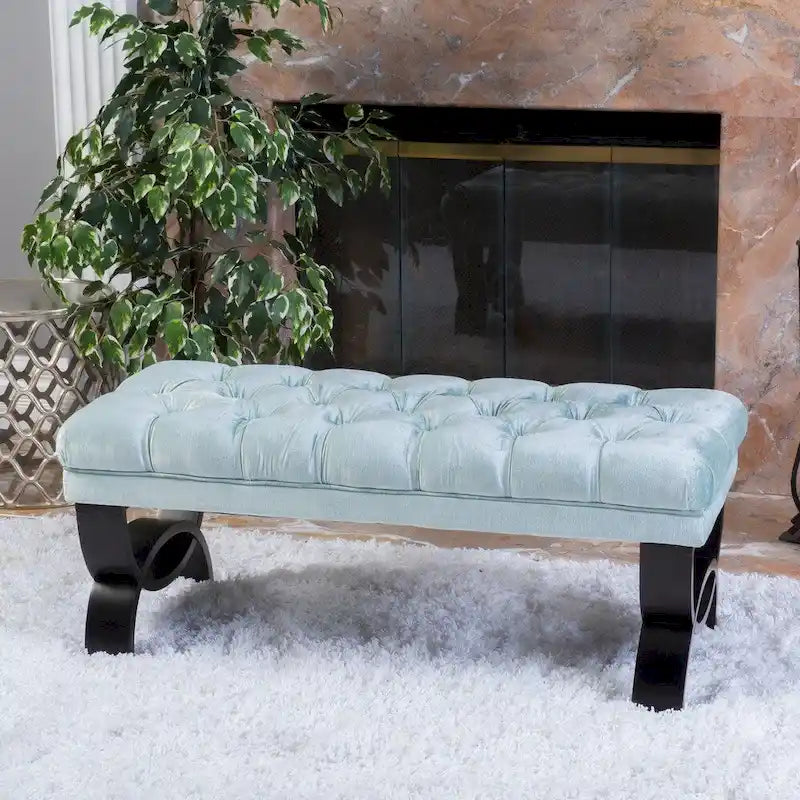 Banc d'appoint en velours capitonné avec pieds en bois courbés, vert d'eau et gris