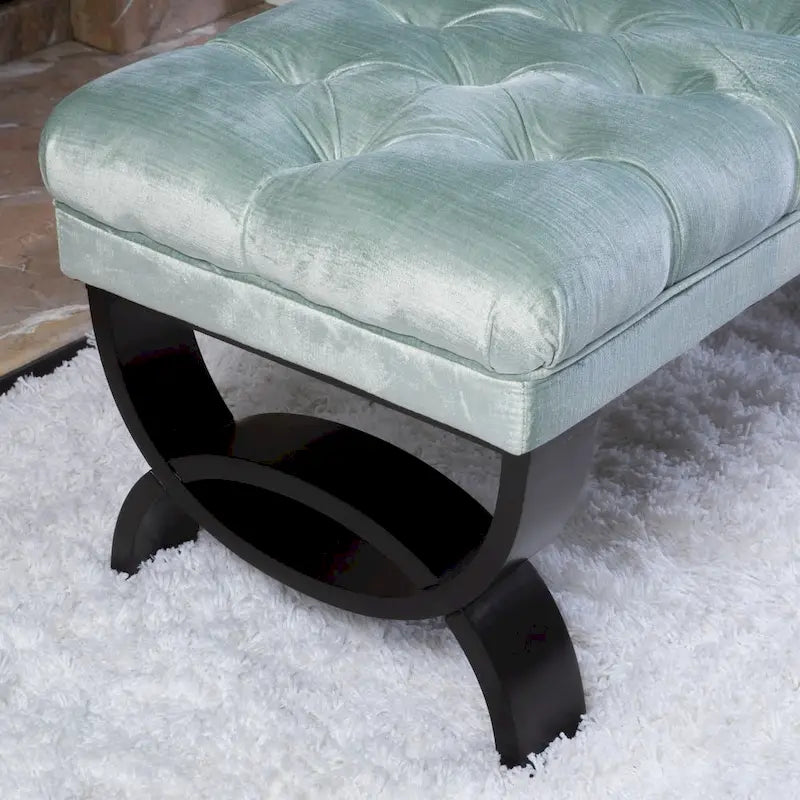 Banc d'appoint en velours capitonné avec pieds en bois courbés, vert d'eau et gris
