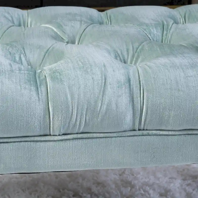 Banc d'appoint en velours capitonné avec pieds en bois courbés, vert d'eau et gris