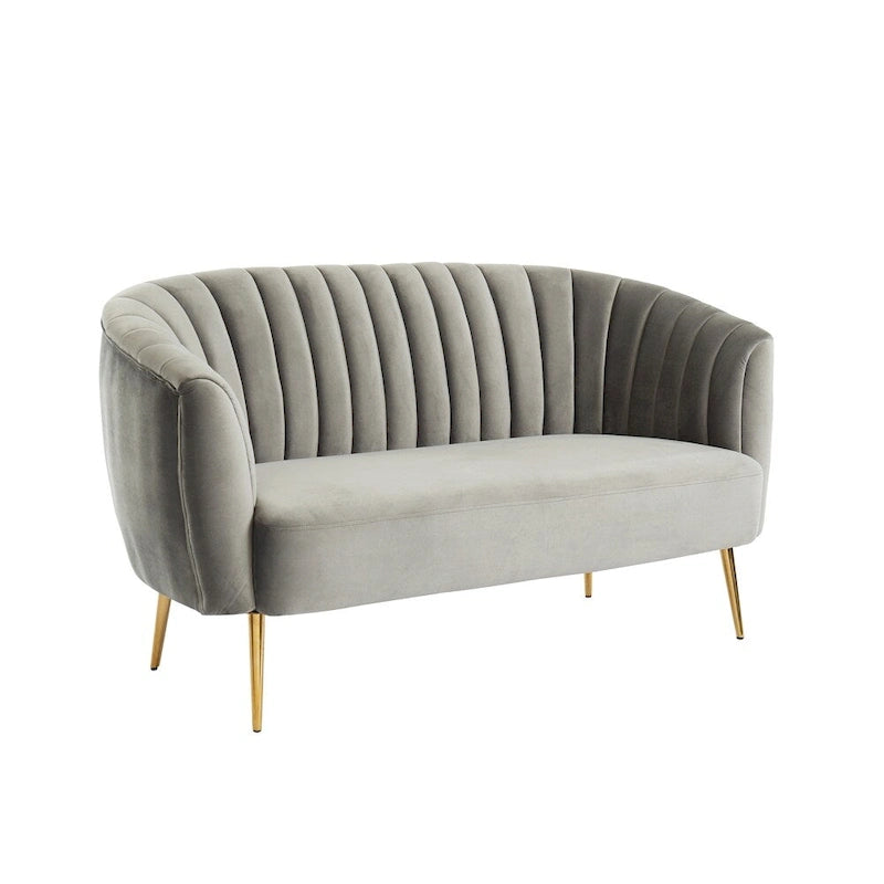 Channel Tufted Velvet Loveseat Rounded Back Gold Legs Grey Black Ivory