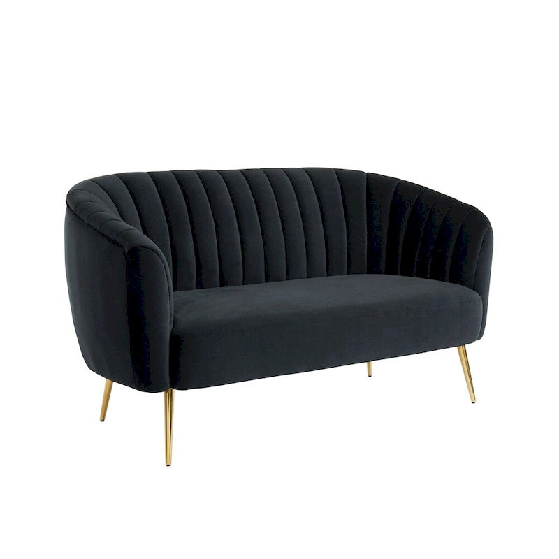 Channel Tufted Velvet Loveseat Rounded Back Gold Legs Grey Black Ivory