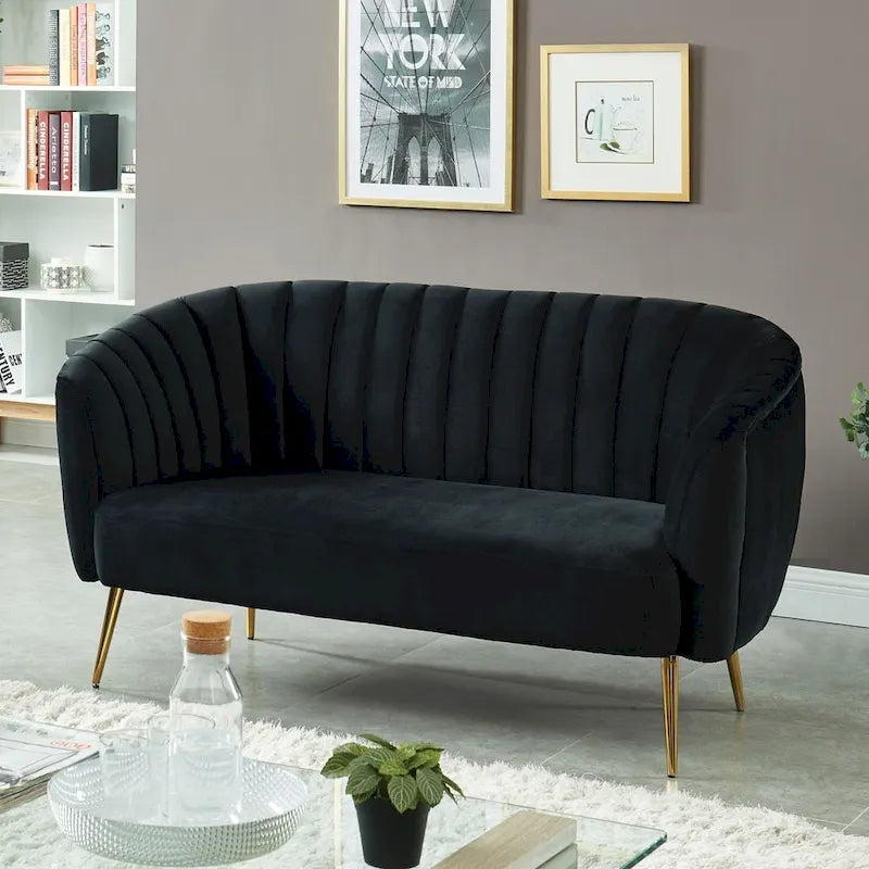 Channel Tufted Velvet Loveseat Rounded Back Gold Legs Grey Black Ivory