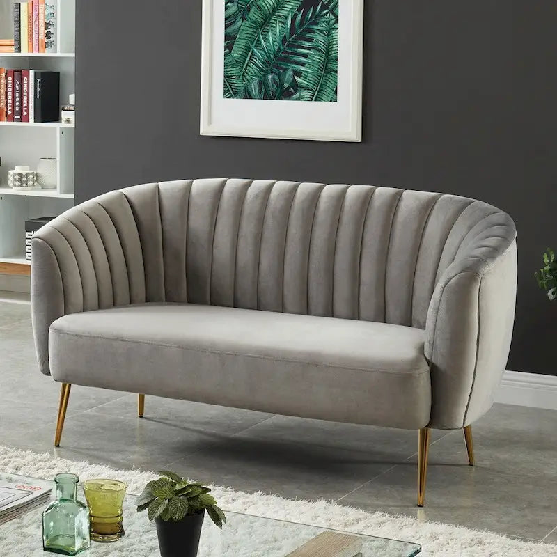 Channel Tufted Velvet Loveseat Rounded Back Gold Legs Grey Black Ivory