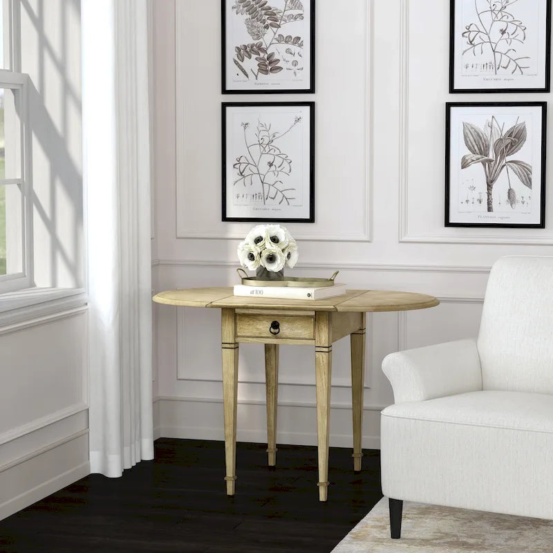 Drop-Leaf Pembroke Side Table with Veneer Inlay and Antique Brass Drawer