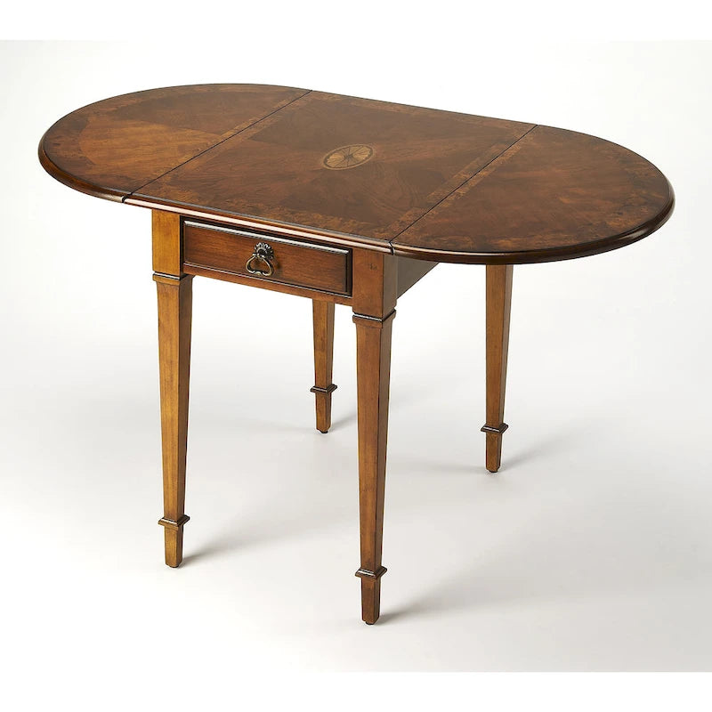 Table d'appoint à abattants Pembroke avec incrustation en placage et tiroir en laiton antique