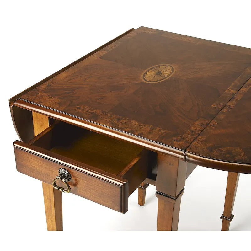 Drop-Leaf Pembroke Side Table with Veneer Inlay and Antique Brass Drawer
