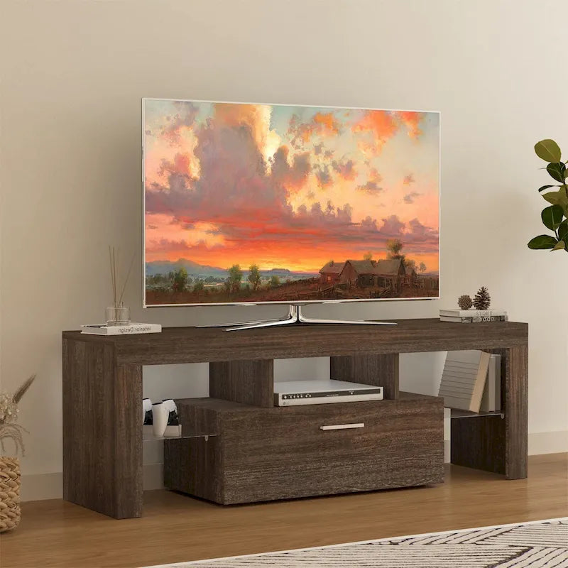 Modern Brown Wood LED TV Stand with Cabinet and Open Shelves