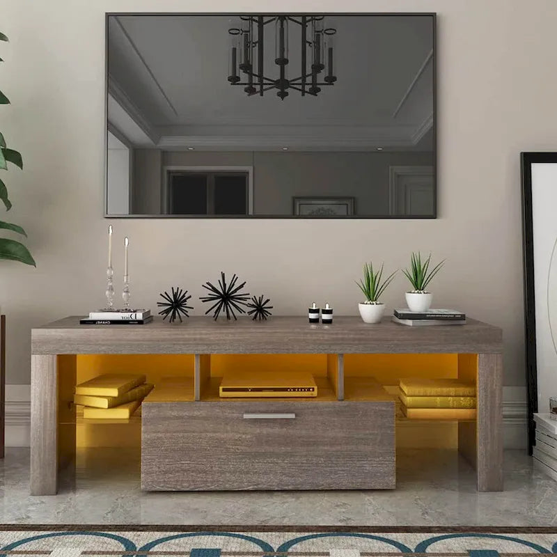 Modern Brown Wood LED TV Stand with Cabinet and Open Shelves