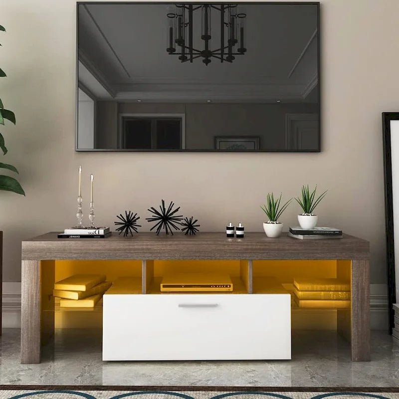Modern Brown Wood LED TV Stand with Cabinet and Open Shelves