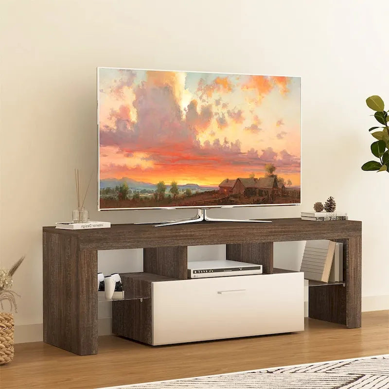 Modern Brown Wood LED TV Stand with Cabinet and Open Shelves