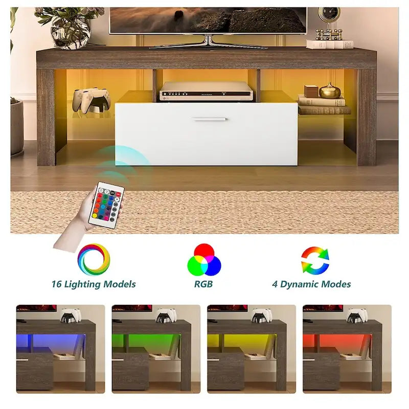 Meuble TV moderne en bois brun avec armoire et étagères ouvertes