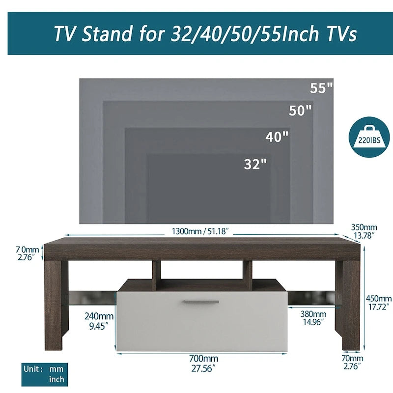 Meuble TV moderne en bois brun avec armoire et étagères ouvertes