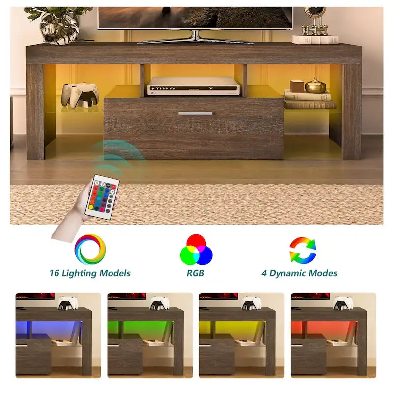 Meuble TV moderne en bois brun avec armoire et étagères ouvertes
