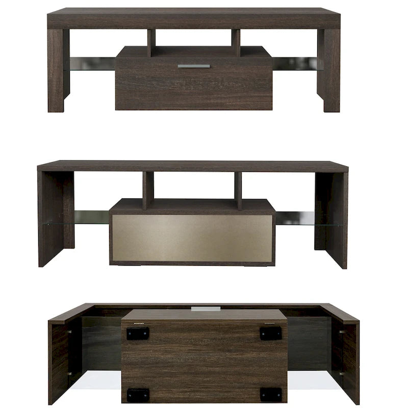 Meuble TV moderne en bois brun avec armoire et étagères ouvertes