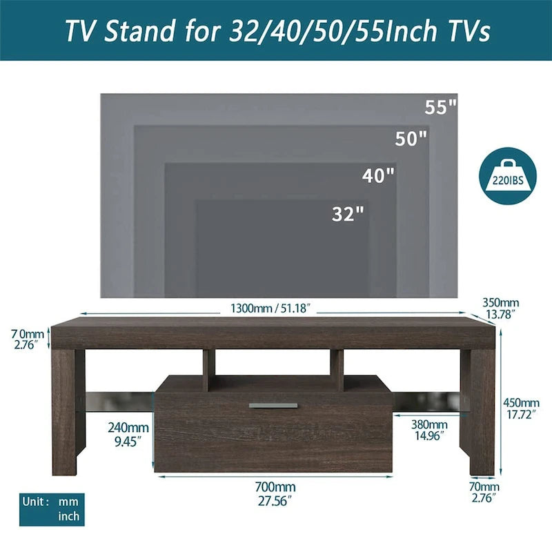 Meuble TV moderne en bois brun avec armoire et étagères ouvertes