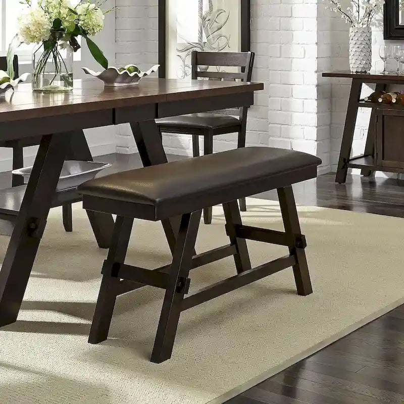 Dark Espresso Upholstered Counter Bench Rubberwood Frame Chocolate PVC Seat