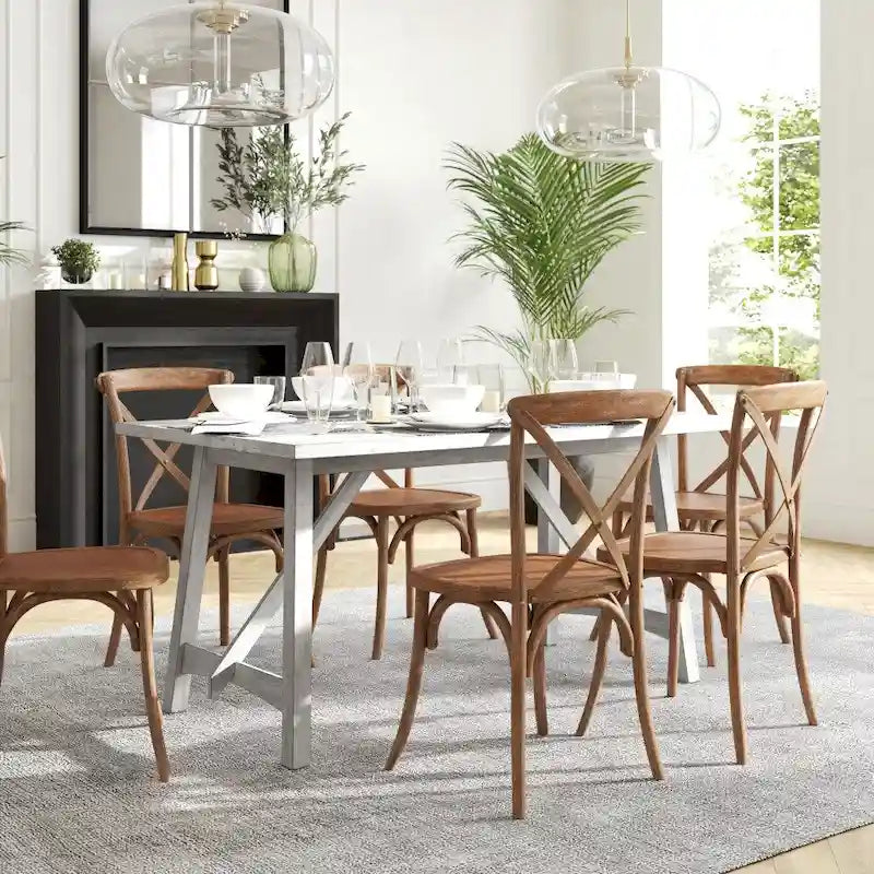 Rustic Solid Wood Trestle Dining Table with Water-Resistant Finish, Light Cappuccino