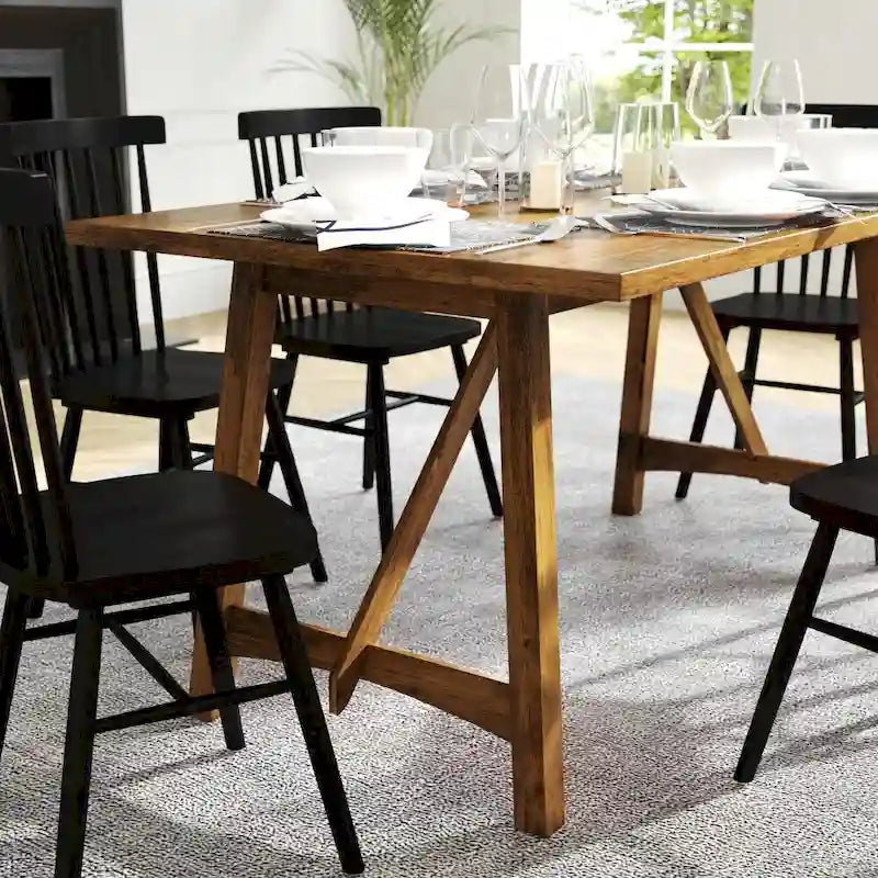 Rustic Solid Wood Trestle Dining Table with Water-Resistant Finish, Light Cappuccino