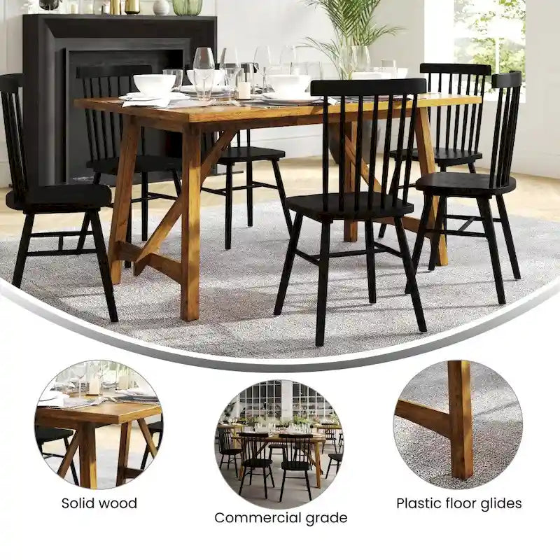Table de salle à manger rustique à tréteaux en bois massif avec finition résistante à l'eau, cappuccino clair