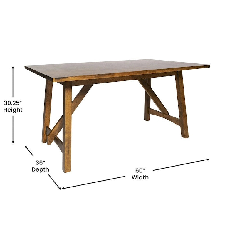 Table de salle à manger rustique à tréteaux en bois massif avec finition résistante à l'eau, cappuccino clair