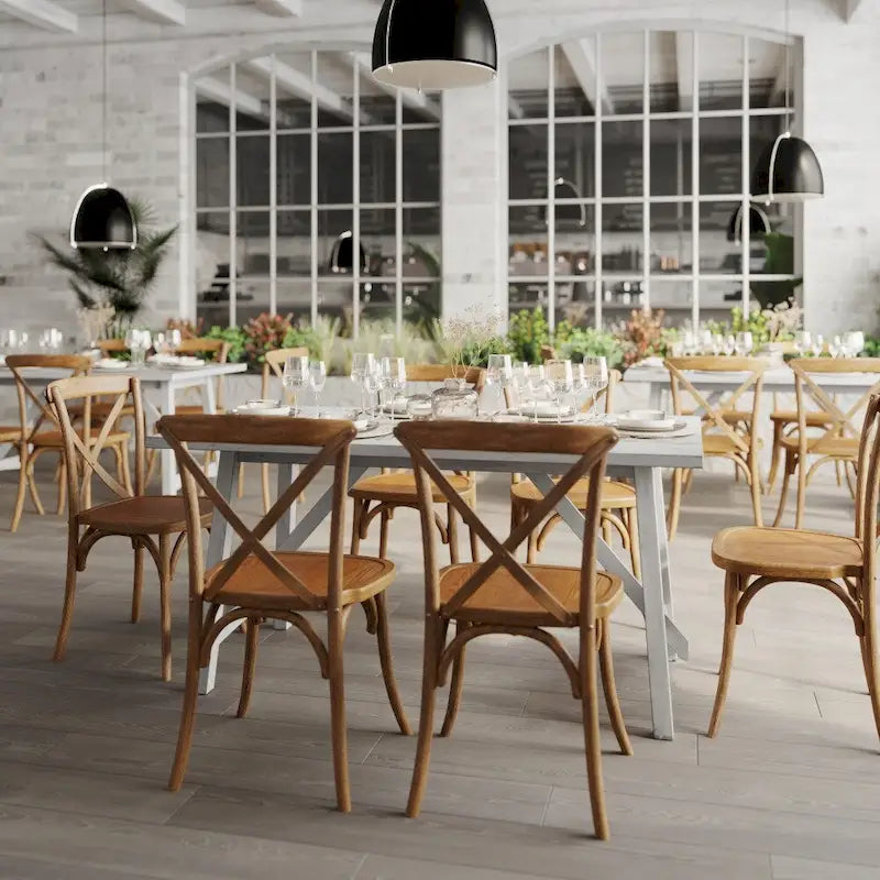 Table de salle à manger rustique à tréteaux en bois massif avec finition résistante à l'eau, cappuccino clair