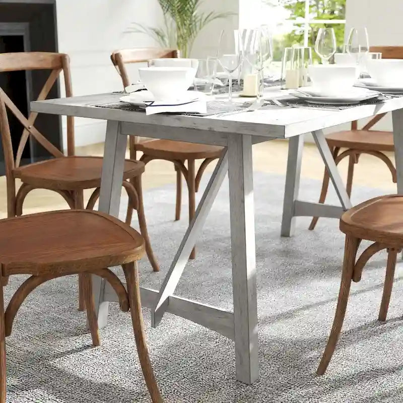 Table de salle à manger rustique à tréteaux en bois massif avec finition résistante à l'eau, cappuccino clair