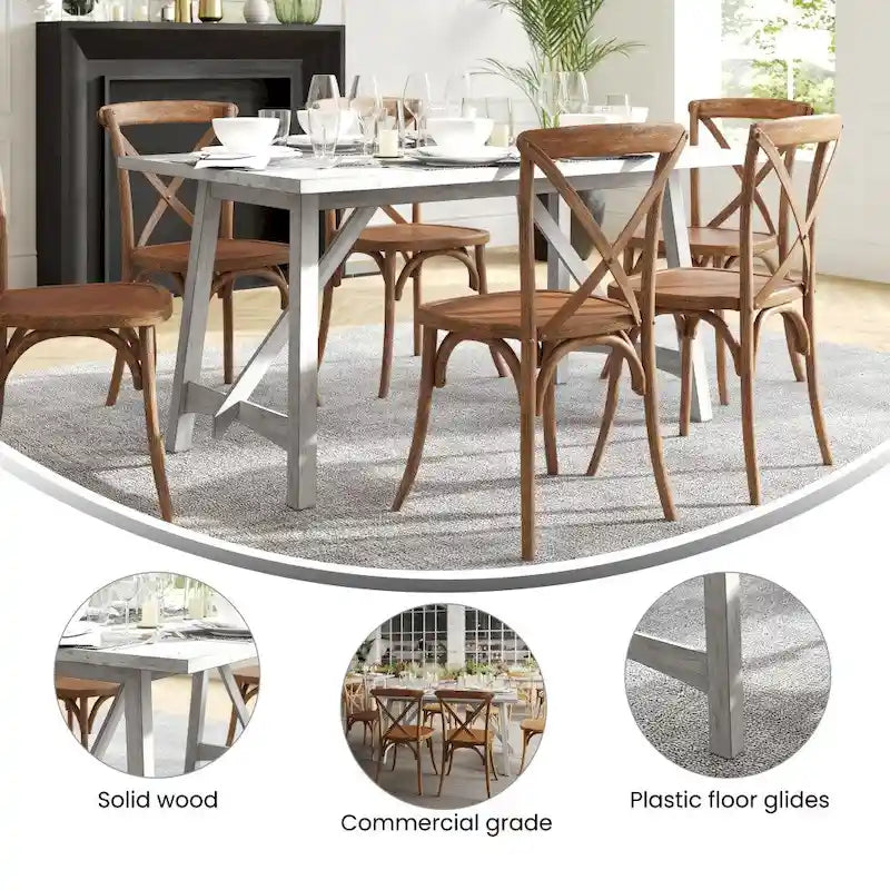 Table de salle à manger rustique à tréteaux en bois massif avec finition résistante à l'eau, cappuccino clair