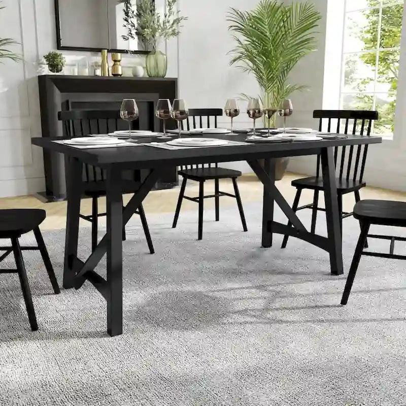 Table de salle à manger rustique à tréteaux en bois massif avec finition résistante à l'eau, cappuccino clair