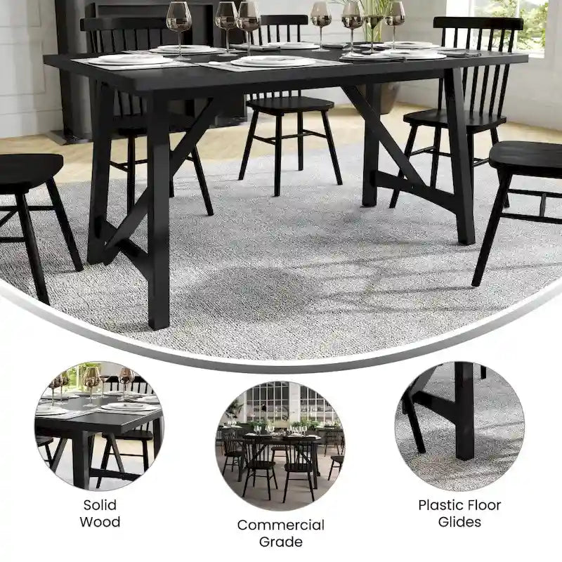 Table de salle à manger rustique à tréteaux en bois massif avec finition résistante à l'eau, cappuccino clair
