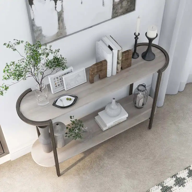 Light Grey Oval Sofa Console Table with Gunmetal Steel Frame