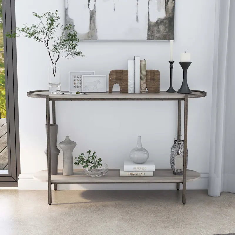 Light Grey Oval Sofa Console Table with Gunmetal Steel Frame