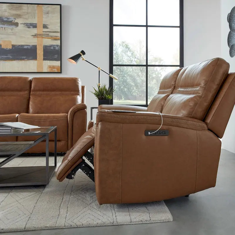 Semi-Aniline Top Grain Leather Power Reclining Loveseat with Console