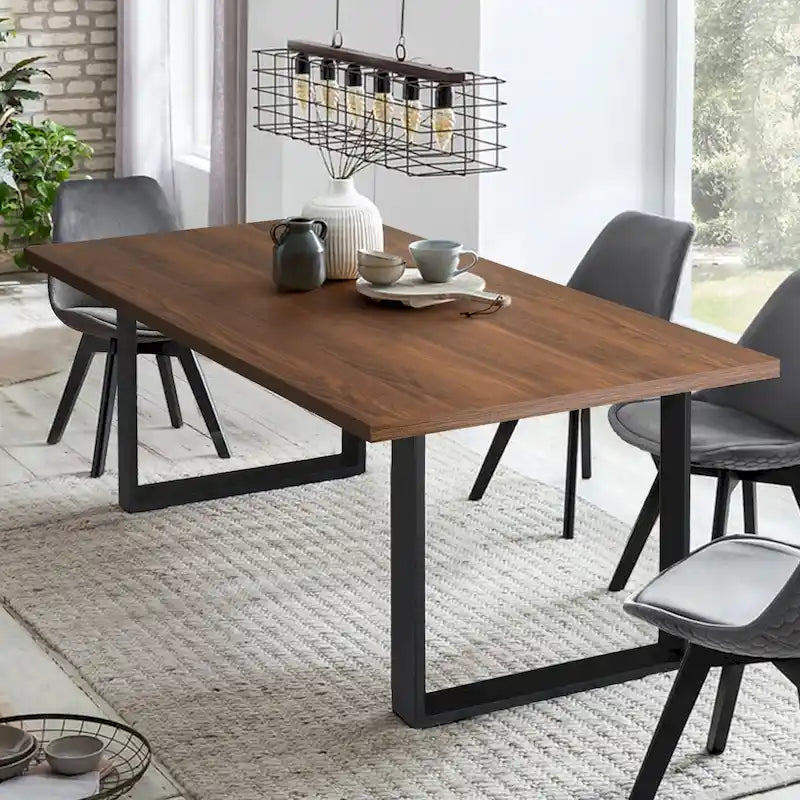 Modern Rectangle Dining Table Faux Wood Top Matte Black Metal Legs Walnut Oak