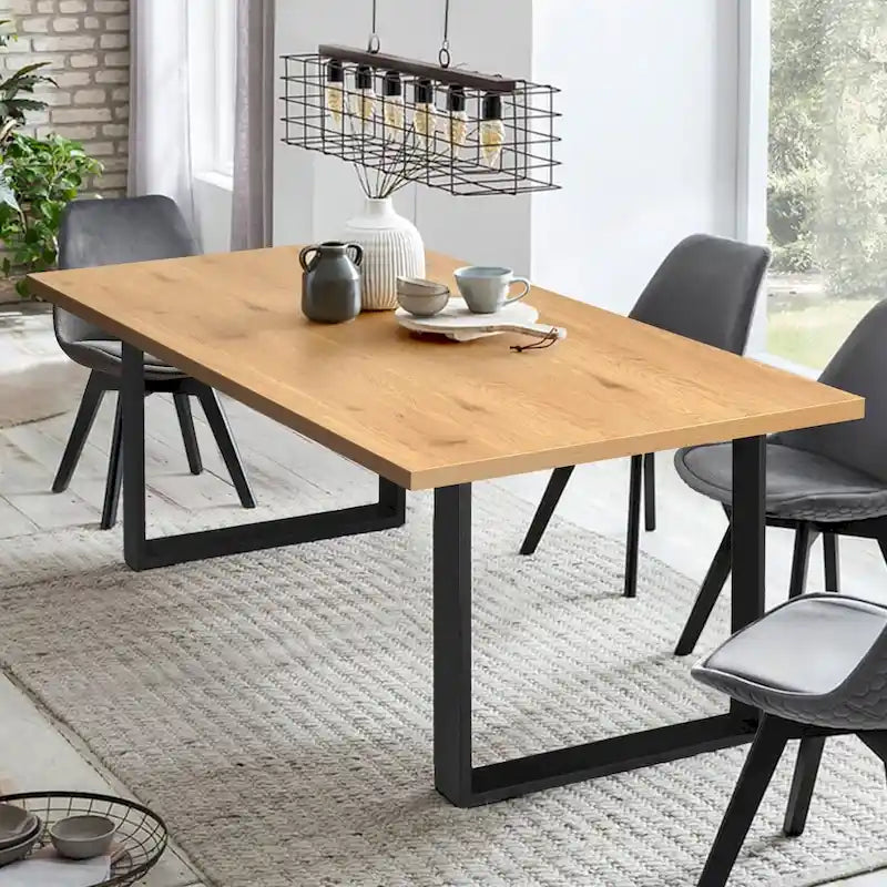 Modern Rectangle Dining Table Faux Wood Top Matte Black Metal Legs Walnut Oak
