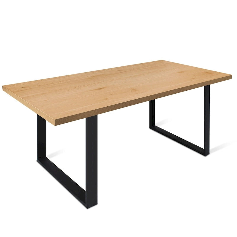 Modern Rectangle Dining Table Faux Wood Top Matte Black Metal Legs Walnut Oak