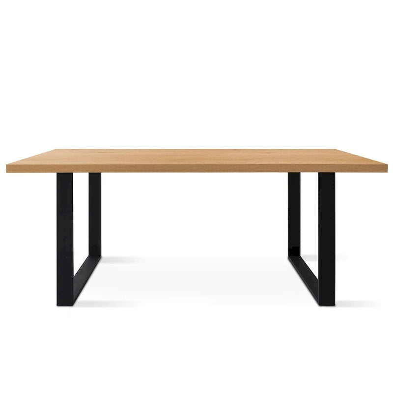 Table à manger rectangulaire moderne, plateau imitation bois, pieds en métal noir mat, noyer chêne