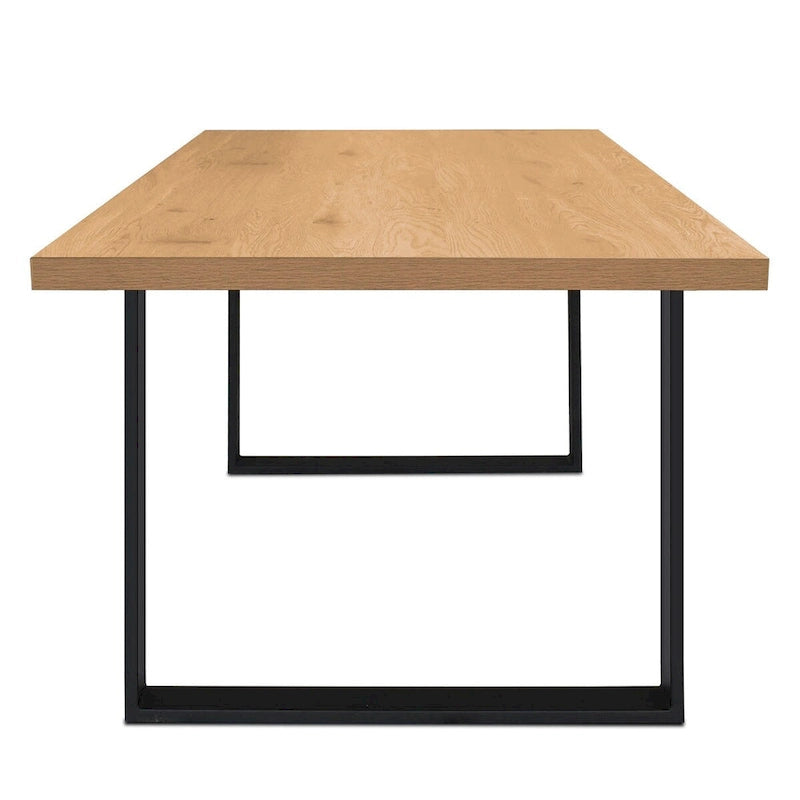 Table à manger rectangulaire moderne, plateau imitation bois, pieds en métal noir mat, noyer chêne