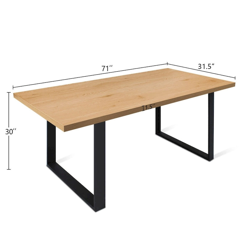 Table à manger rectangulaire moderne, plateau imitation bois, pieds en métal noir mat, noyer chêne
