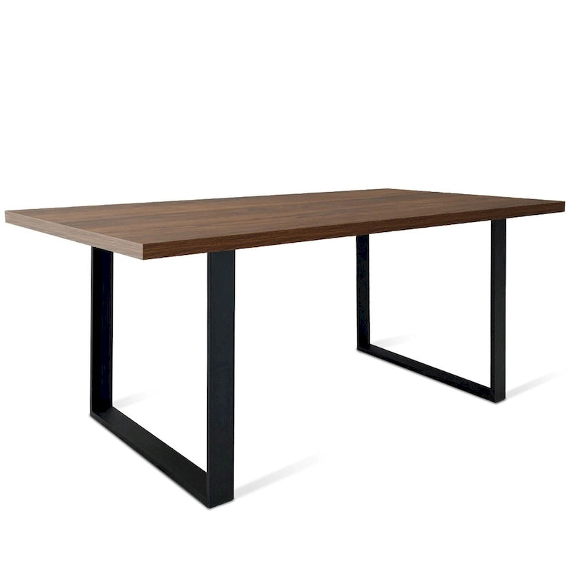 Table à manger rectangulaire moderne, plateau imitation bois, pieds en métal noir mat, noyer chêne