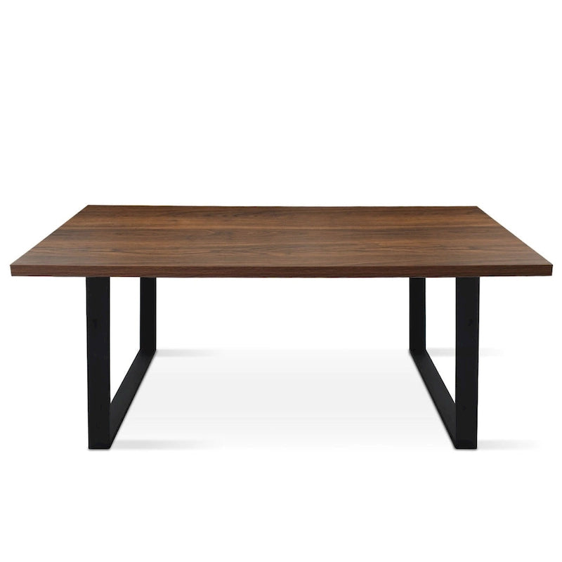Table à manger rectangulaire moderne, plateau imitation bois, pieds en métal noir mat, noyer chêne