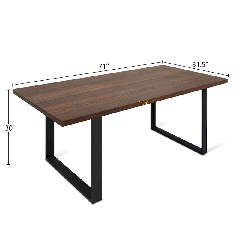Table à manger rectangulaire moderne, plateau imitation bois, pieds en métal noir mat, noyer chêne