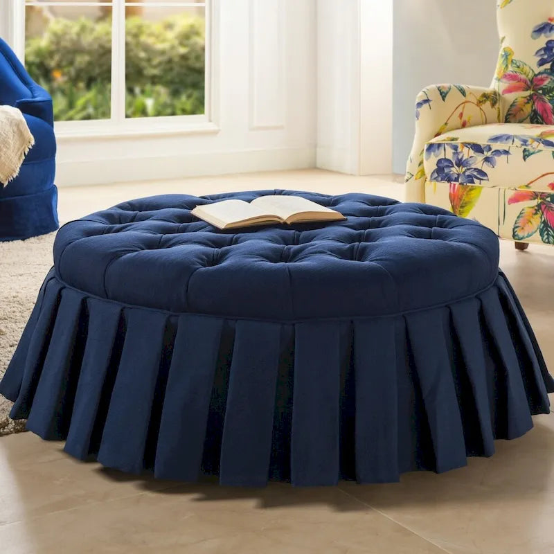 Round Button-Tufted Cocktail Ottoman with Pleated Skirt, Midnight Blue