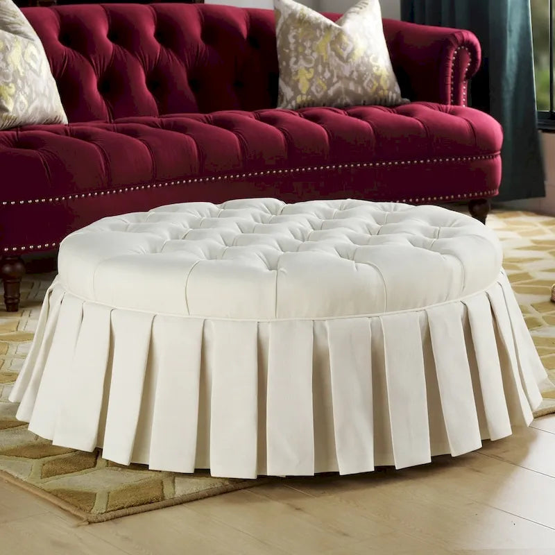 Round Button-Tufted Cocktail Ottoman with Pleated Skirt, Midnight Blue