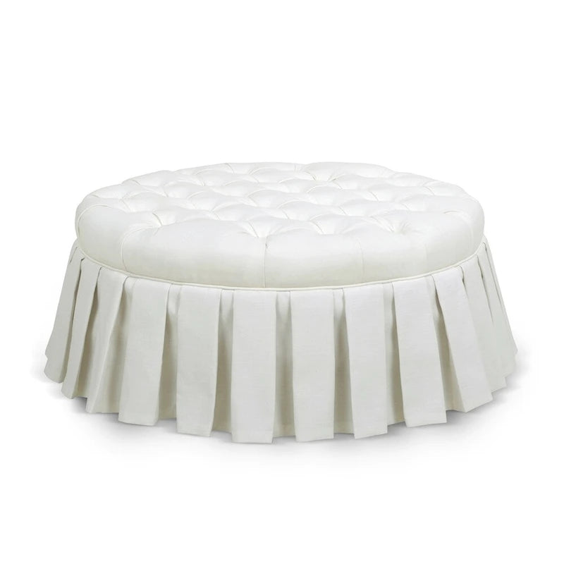 Round Button-Tufted Cocktail Ottoman with Pleated Skirt, Midnight Blue